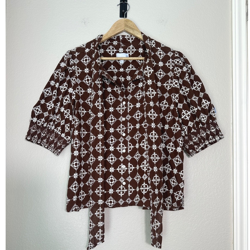 Cartolina Nantucket Blouse XL Brown‎ White Embroidered Tie Neck Puff Sleeve